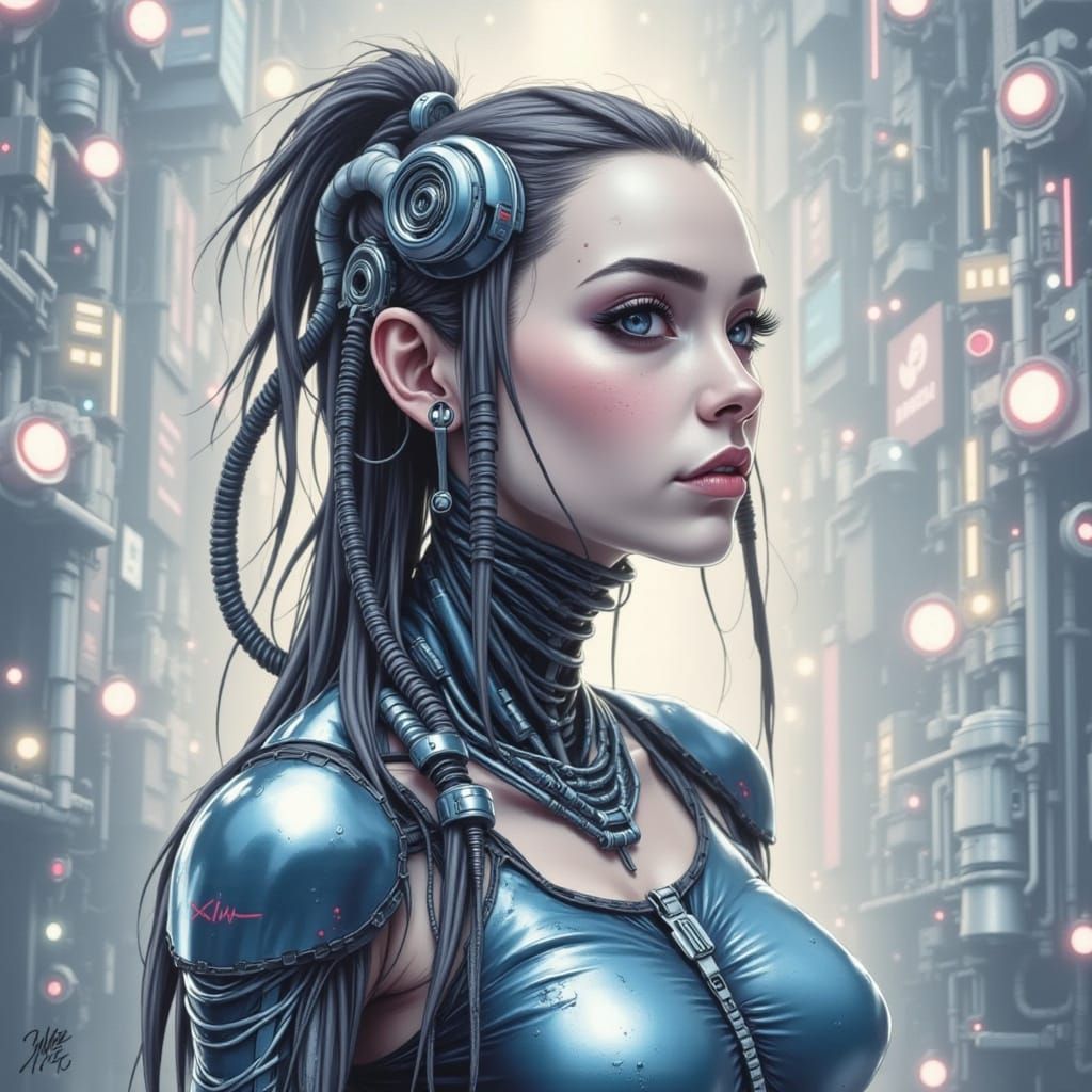 Cyberpunk Cyborg Woman with Wire Exoskeleton