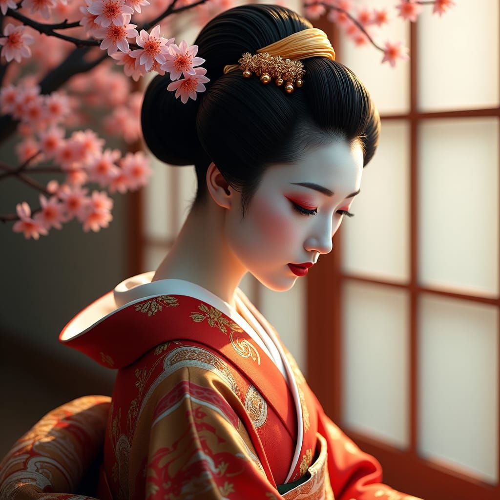 Elegant Geisha Portrait with Cherry Blossoms