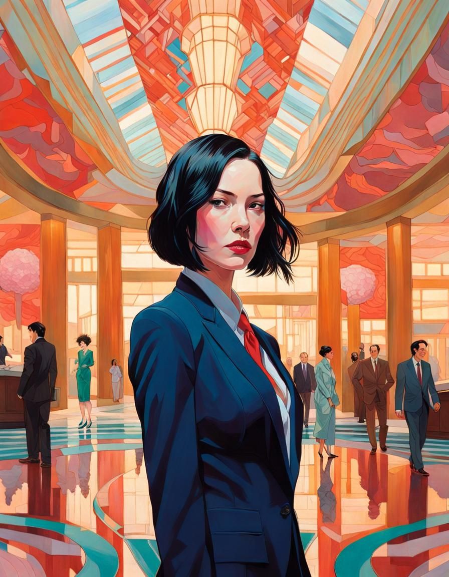 Badass Woman in Art Deco Lobby, Surrealist Portrait