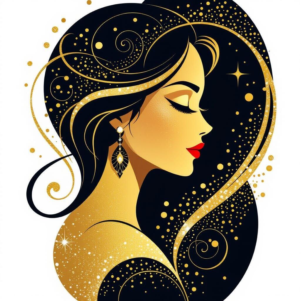 Golden Silhouette of Woman's Face with Flowing Curves