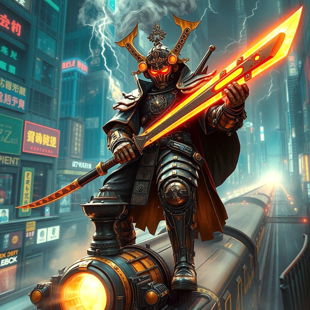 Steampunk Cyborg Samurai on Cyberpunk Train