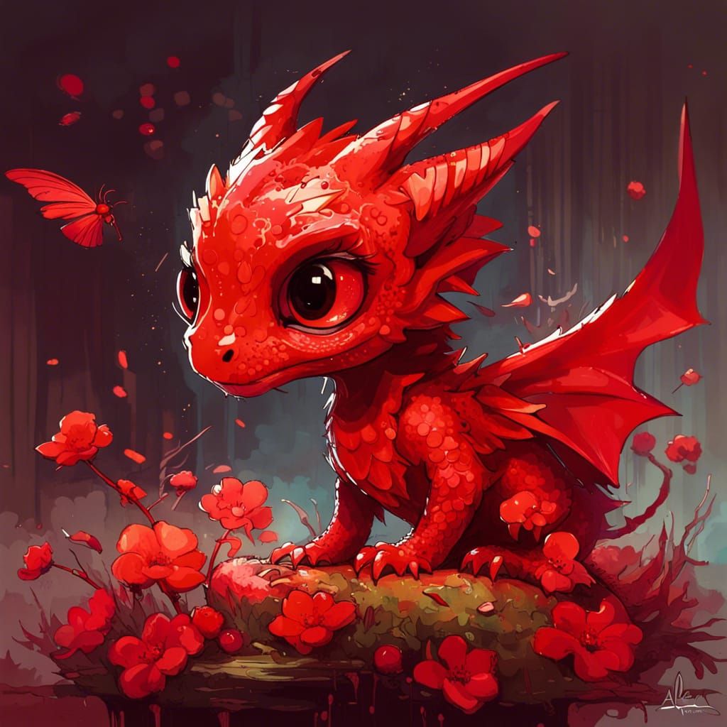 Hyperdetailed Red Chibi Dragon with Cheno Flowers