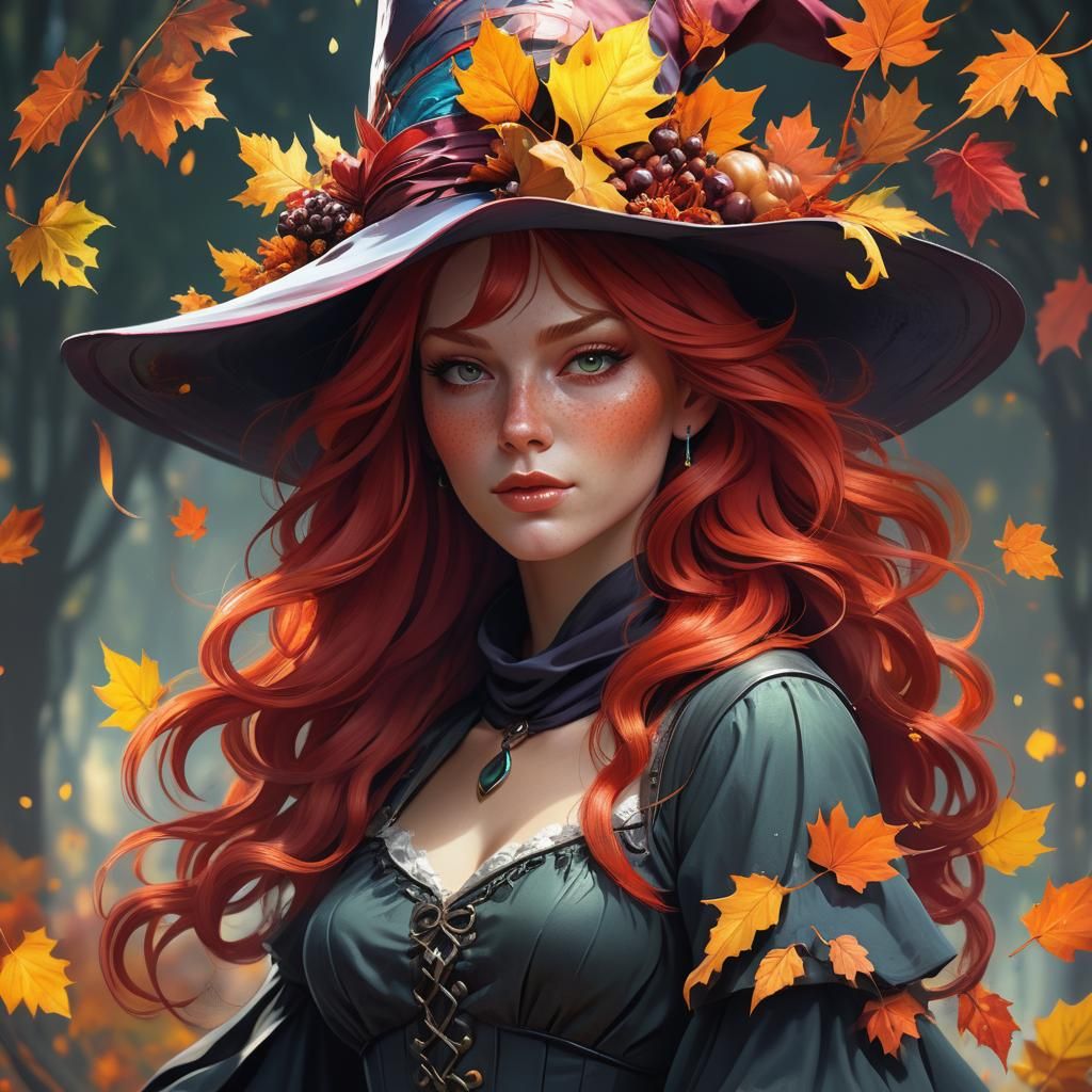 Red-Haired Witch Portrait in Hyperdetailed Style