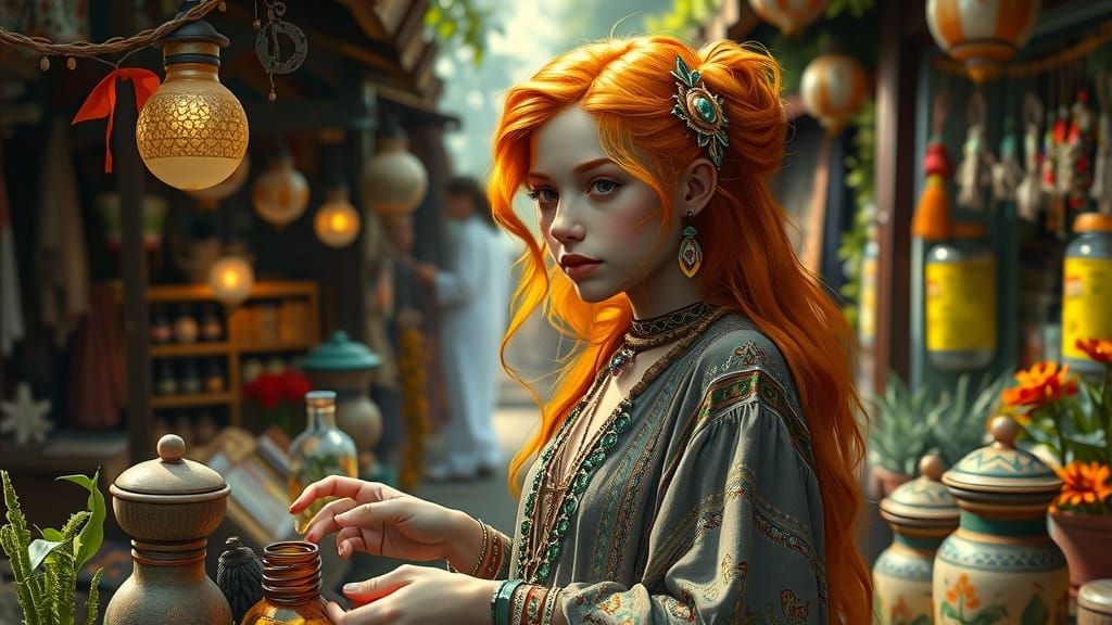 Shaman Girl at Market: Art Nouveau Digital Painting