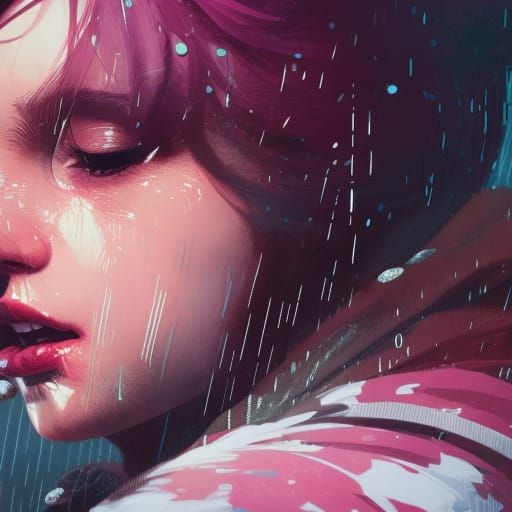 Angry Girl in Rain: Digital Art Portrait