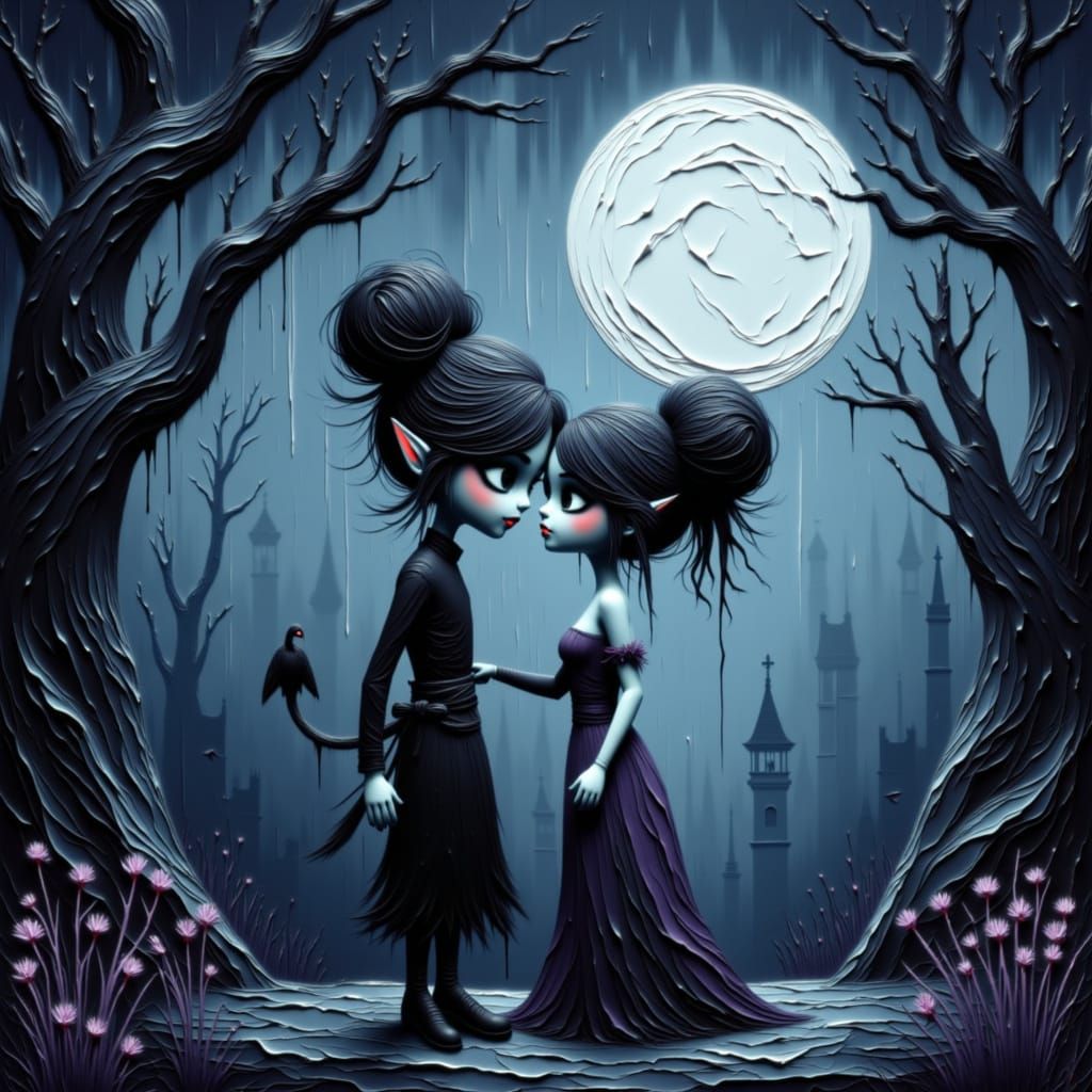 Devil Dances with Woman in Moonlit Gothic Garden