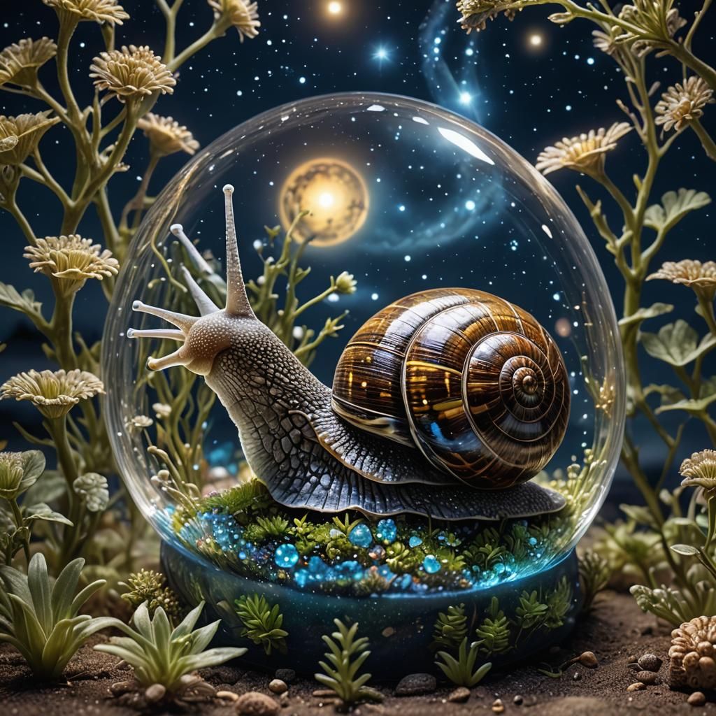 Bioluminescent Glass Shell Snail Under Starry Sky
