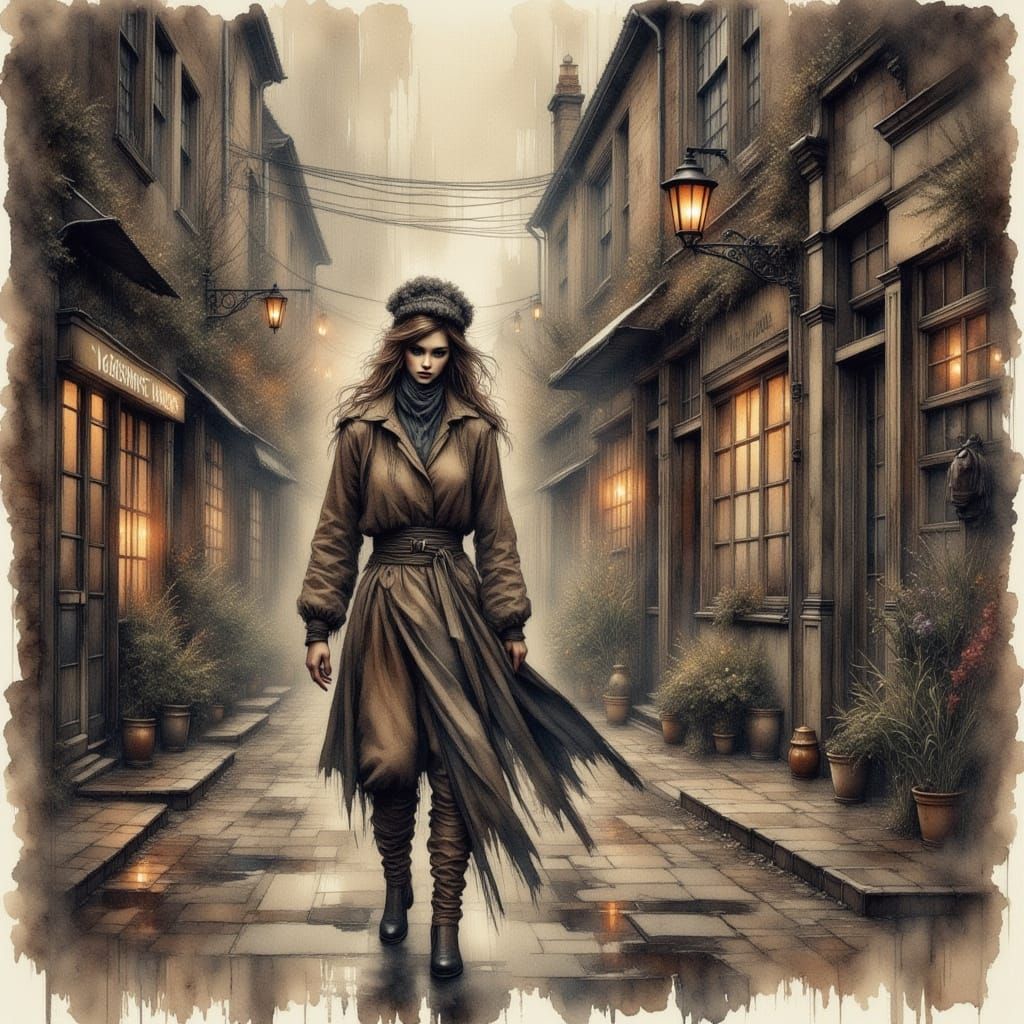 Gritty Antique Watercolor of Woman in Rainy Street