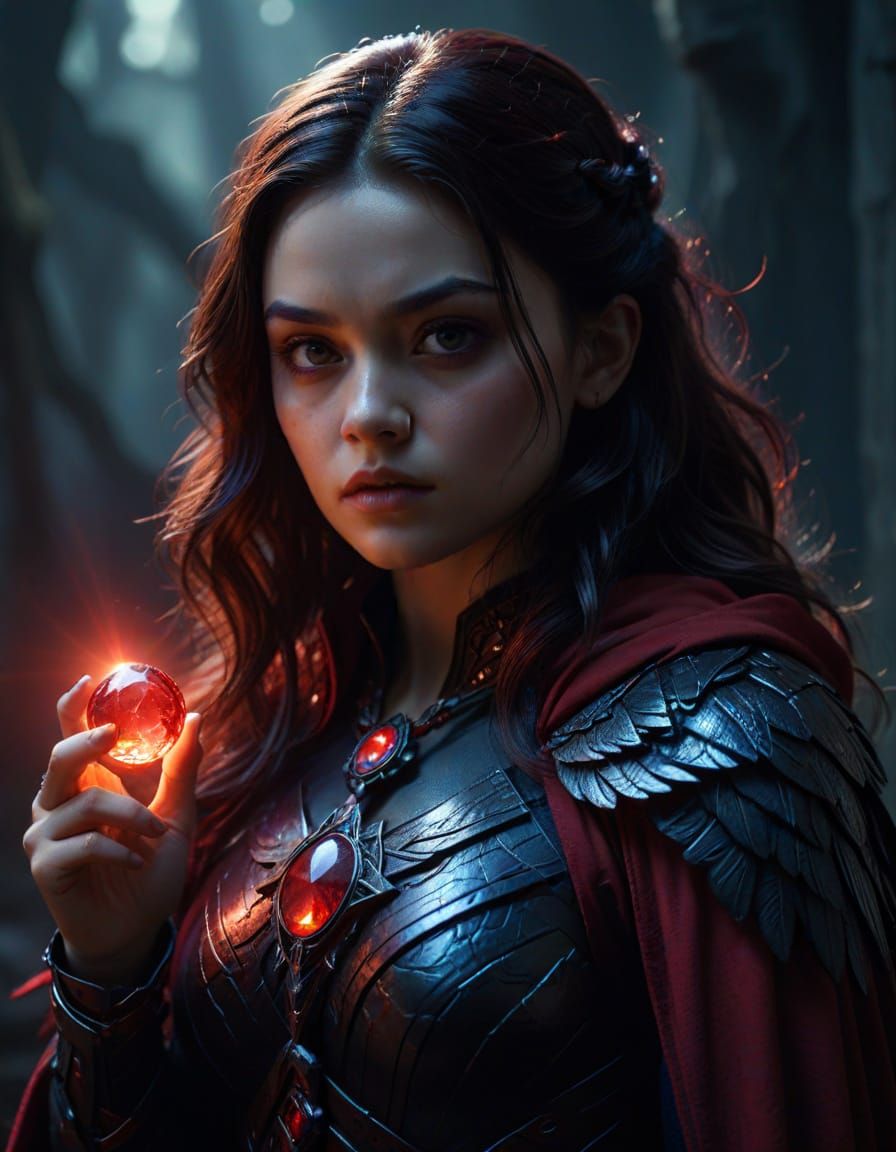 Raven Superheroine with Red Soulstone Amulet