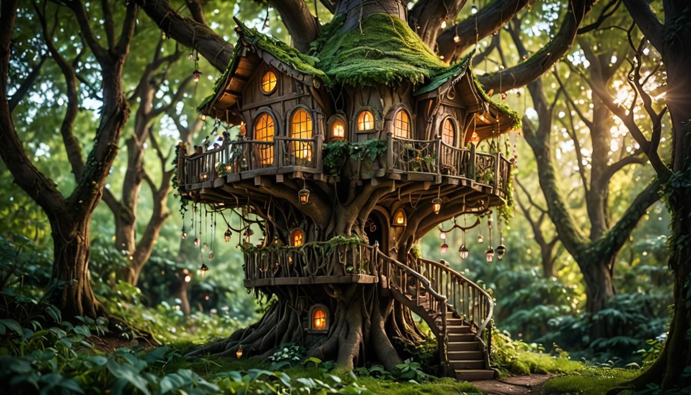 Enchanted Fairy Treehouse in Forest, Bokeh Lighting