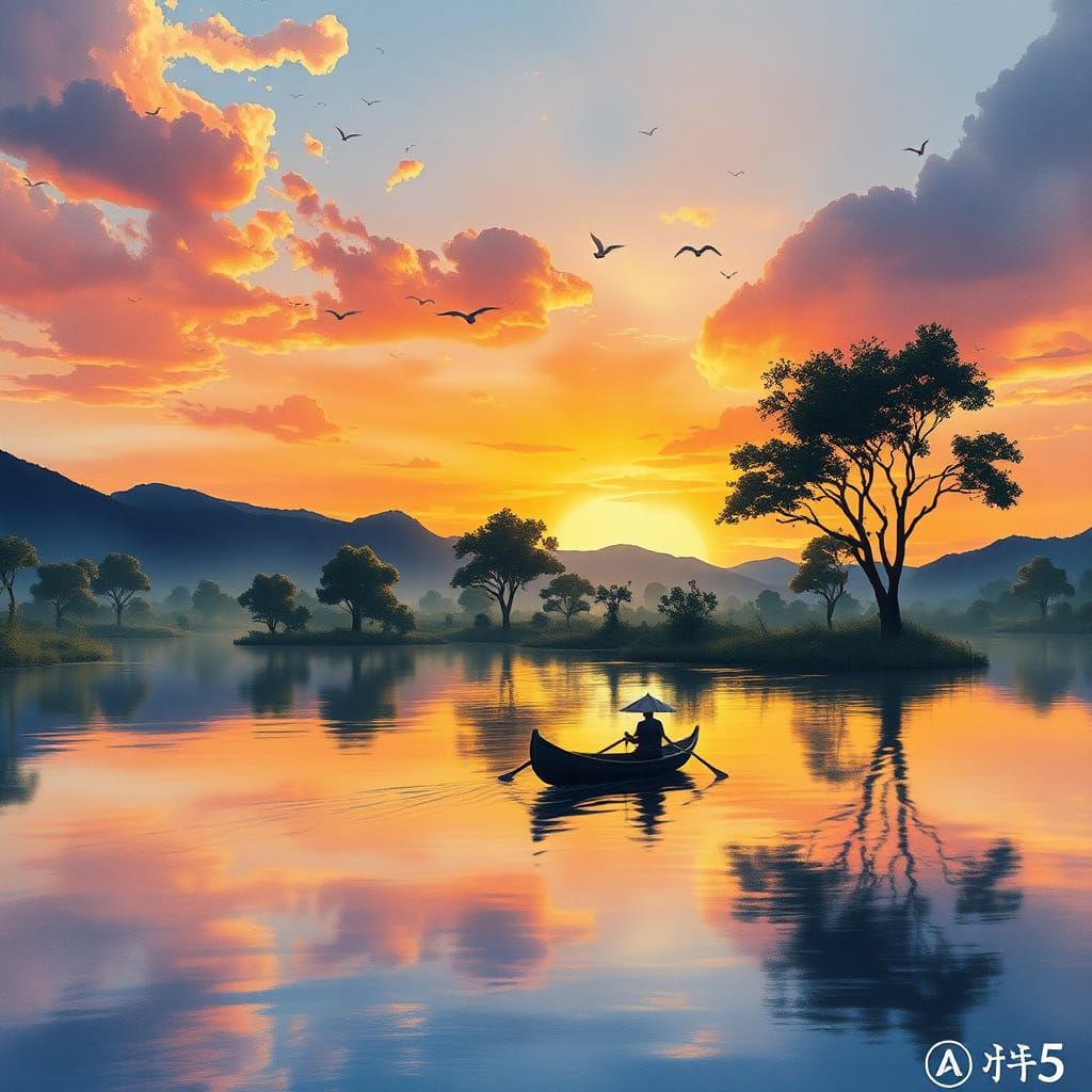 Twilight Lake Sunset in Watercolor Alcohol Ink Style