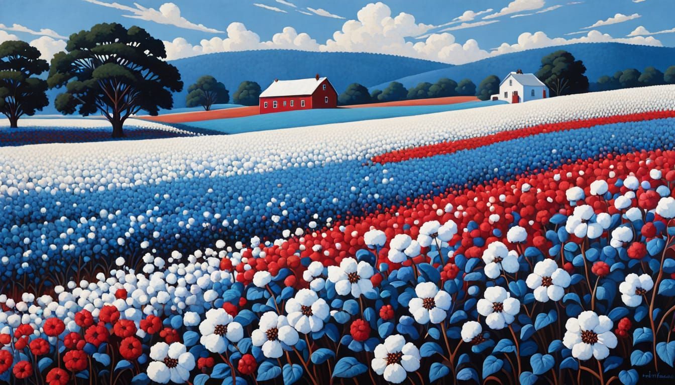 Vibrant American Landscape in Naive Pointillism Style