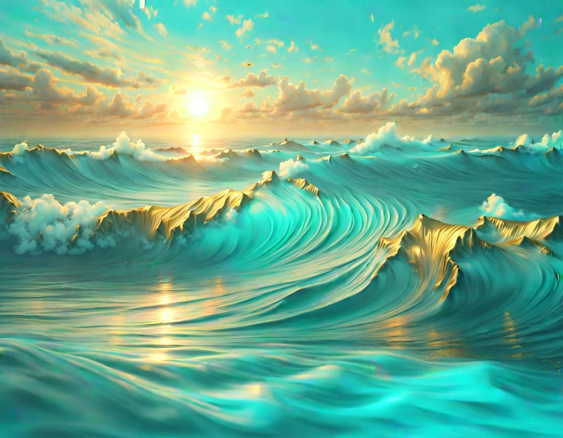 Turquoise and Gold Open Ocean Seascape Masterpiece