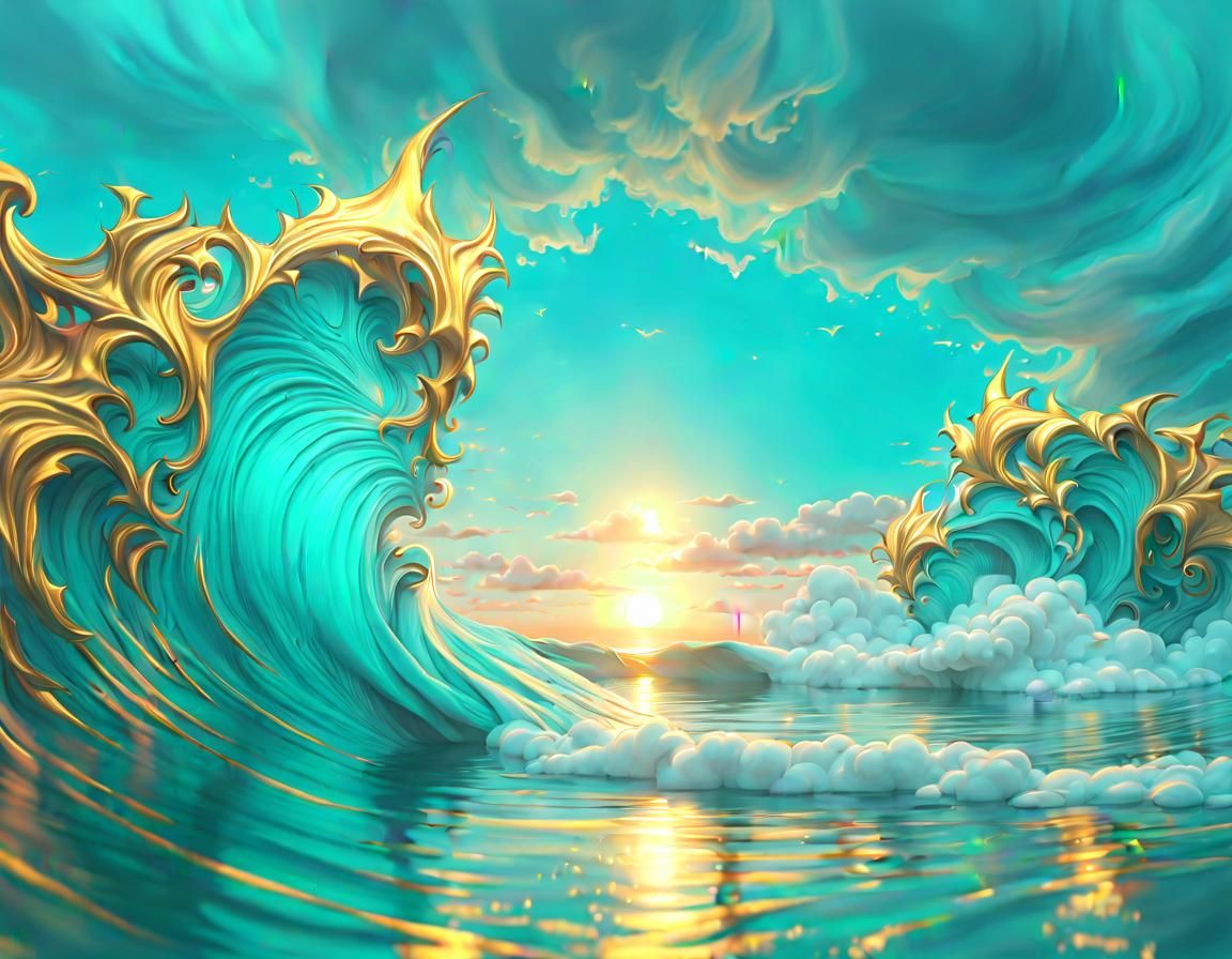 Turquoise and Gold Open Ocean Seascape Masterpiece