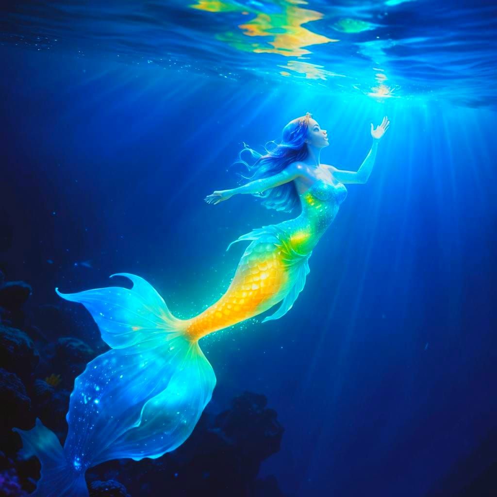 Bioluminescent Mermaid Breaching, Lit From Within