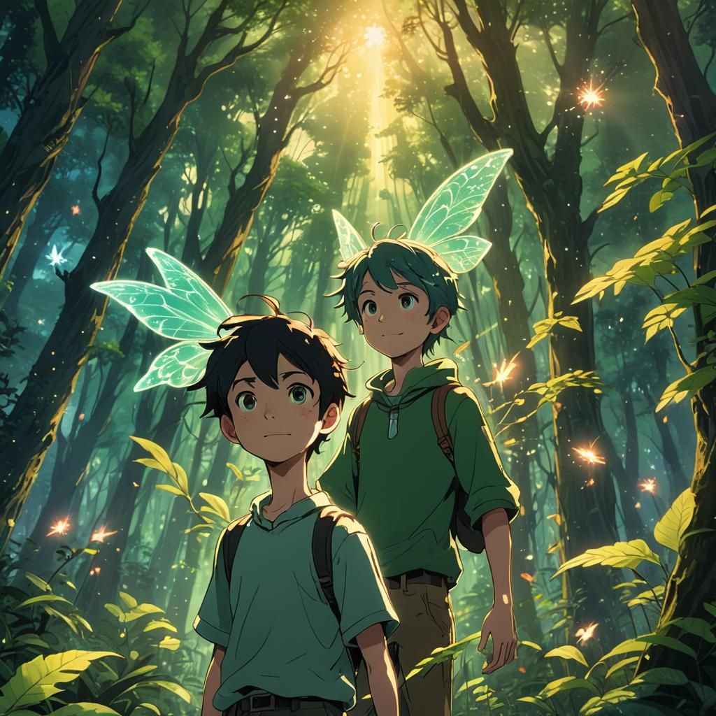 Boy and Fairy in Vibrant Forest, Anime Style