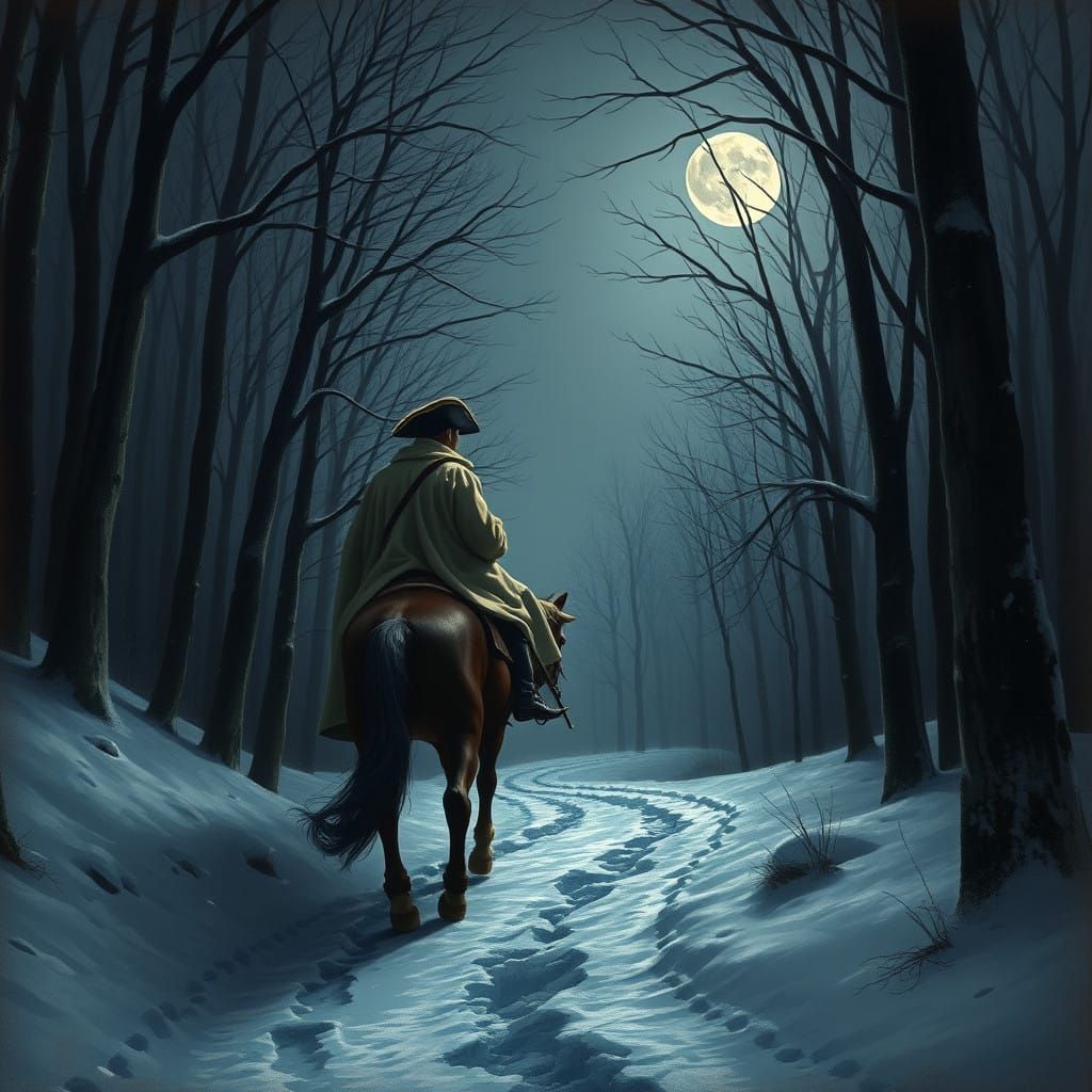 Soldier Rides Through a Dark Winter Forest in a Dramatic Chi...