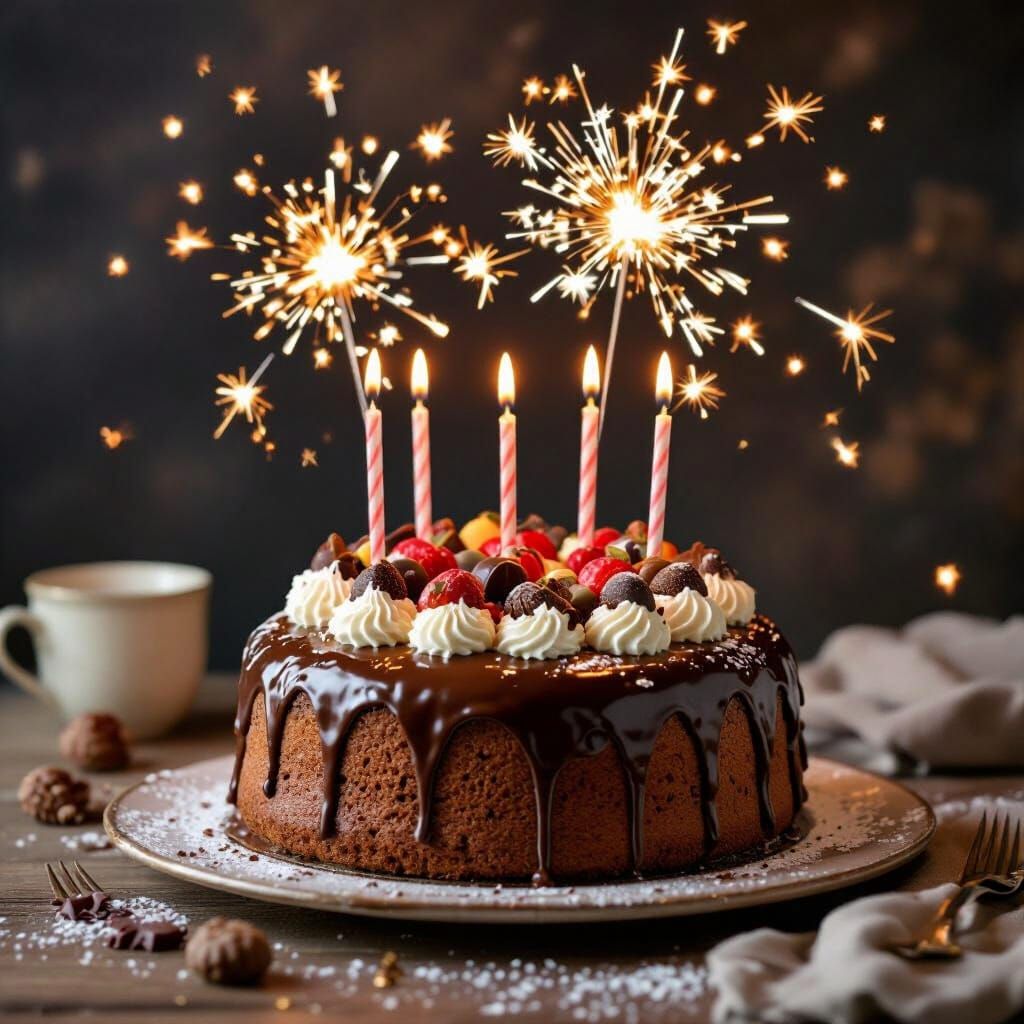 Celebratory Chocolate Cake with Fireworks, Whimsical Art