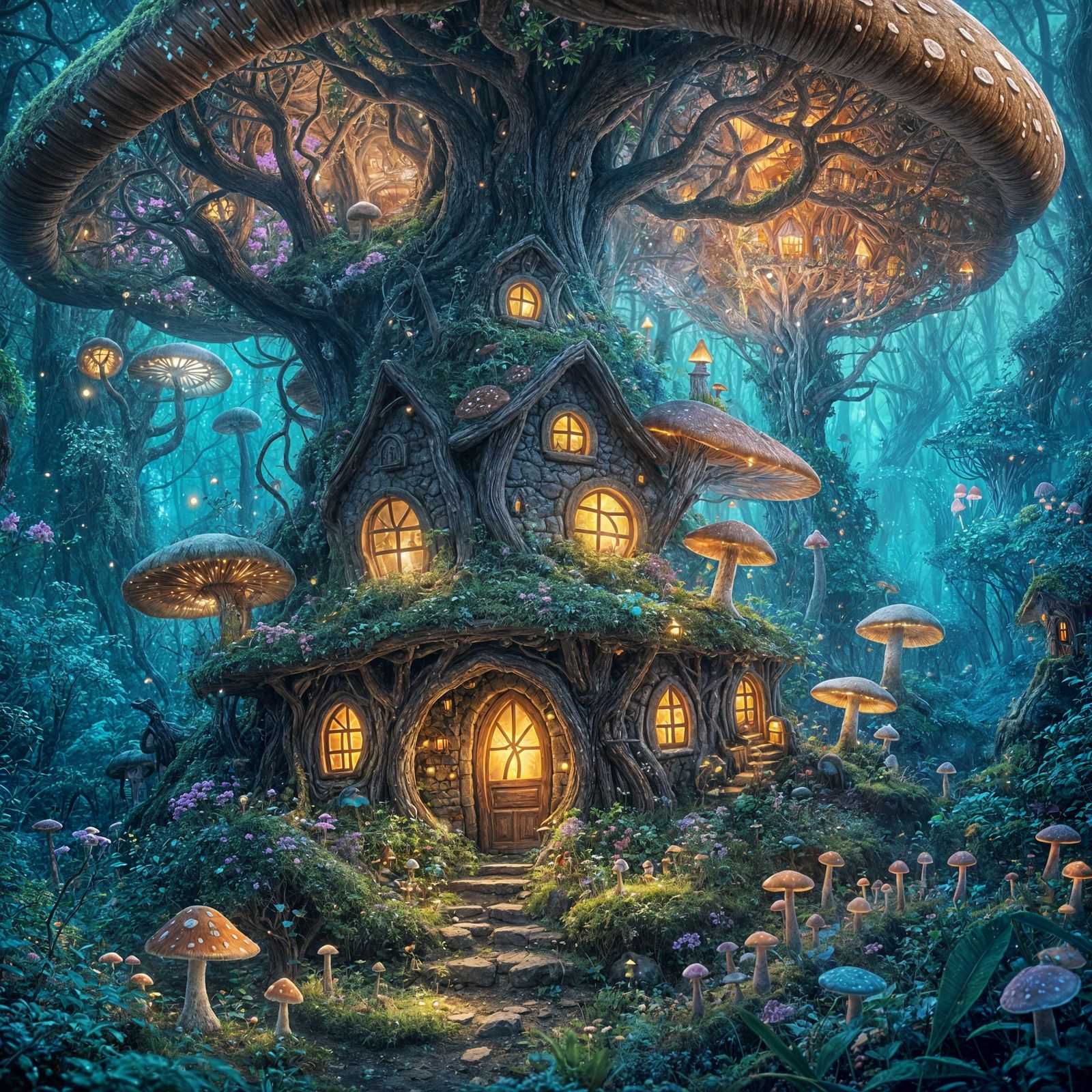 Enchanted Bioluminescent Forest Fairy Mushroom House
