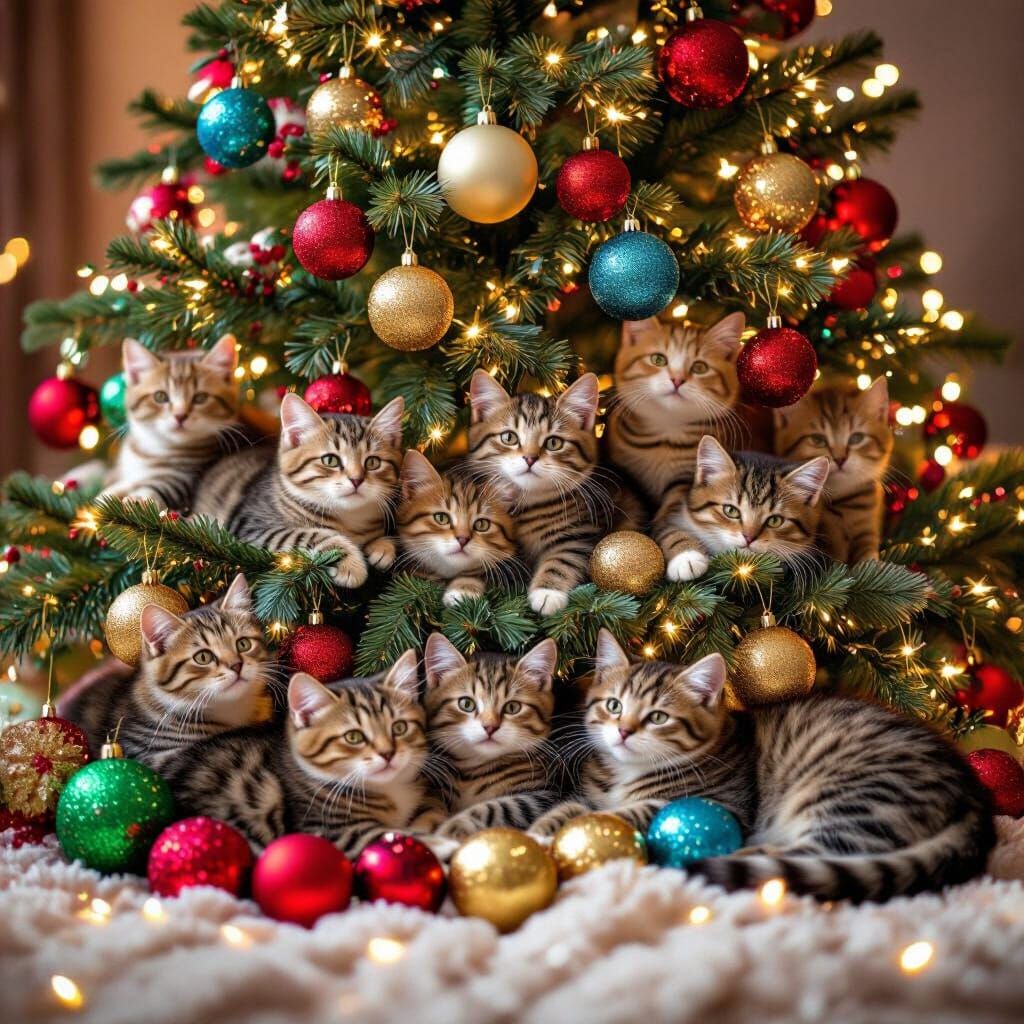 Christmas Tree Filled With Tabby Cats in Realistic Photo Sty...
