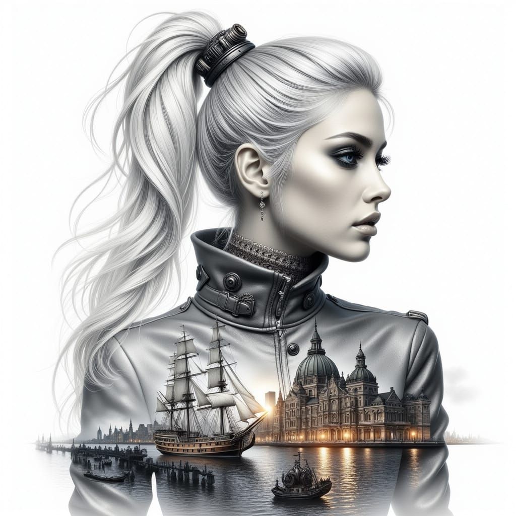 Steampunk Girl in Double Exposure Sketch