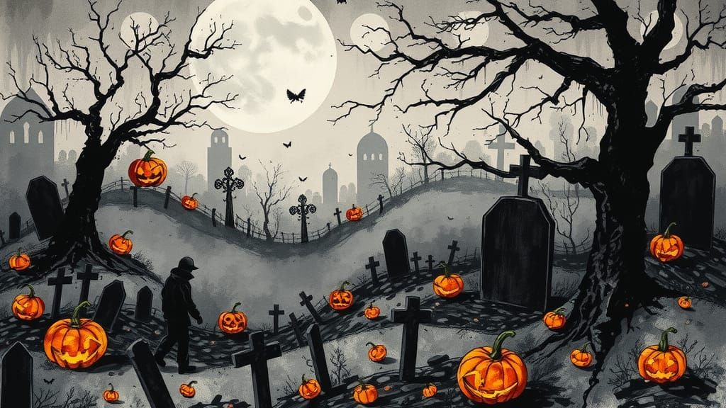 Halloween Landscape in Ink Splatter Art Style