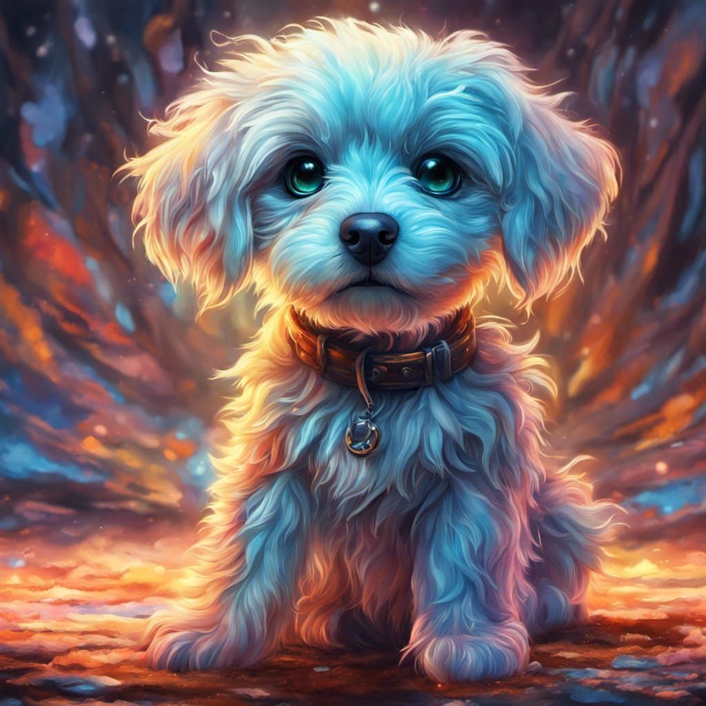Angelic Bioluminescent Puppy in Detailed Impasto Oil Paintin...