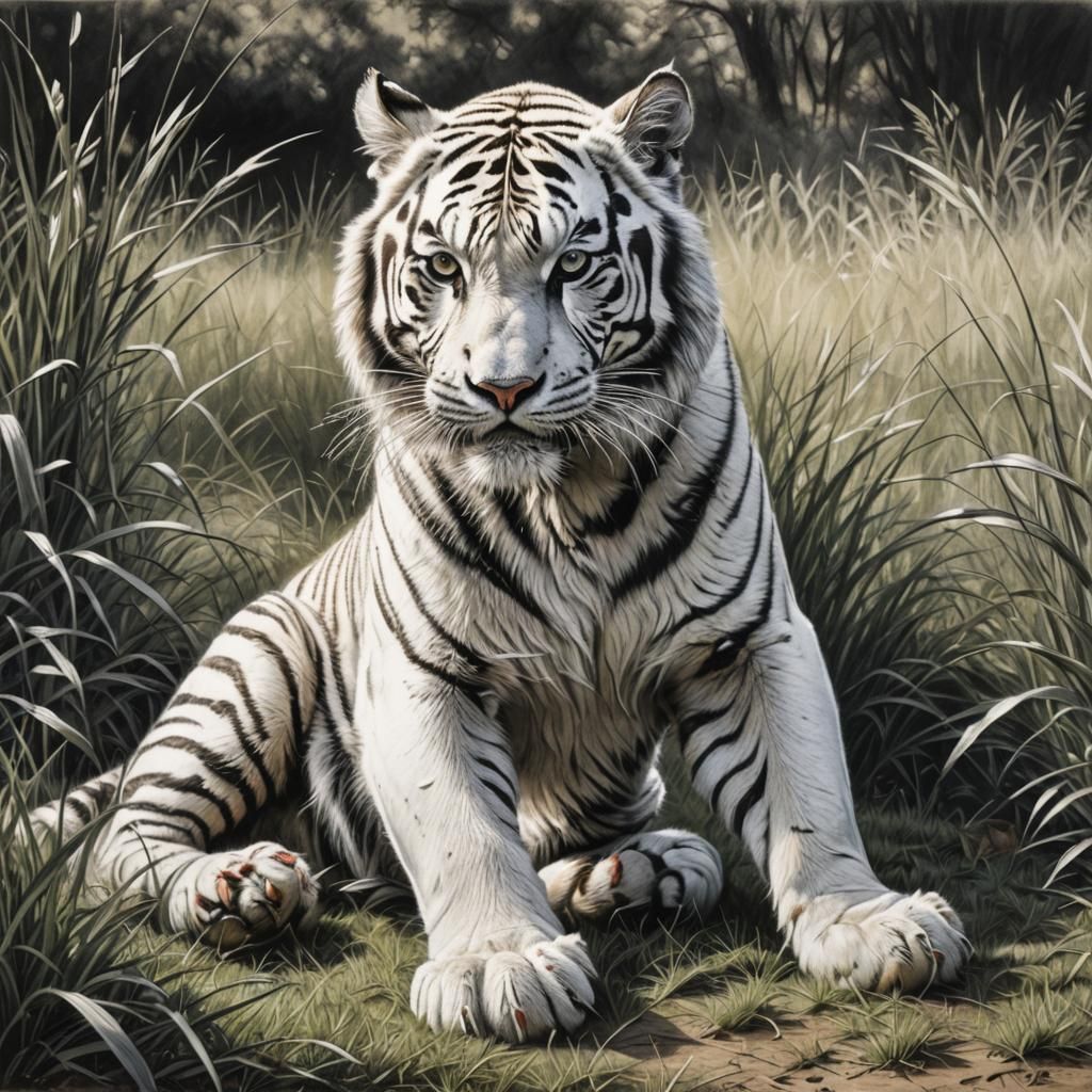 White Tiger Ready to Pounce, Charcoal Drawing
