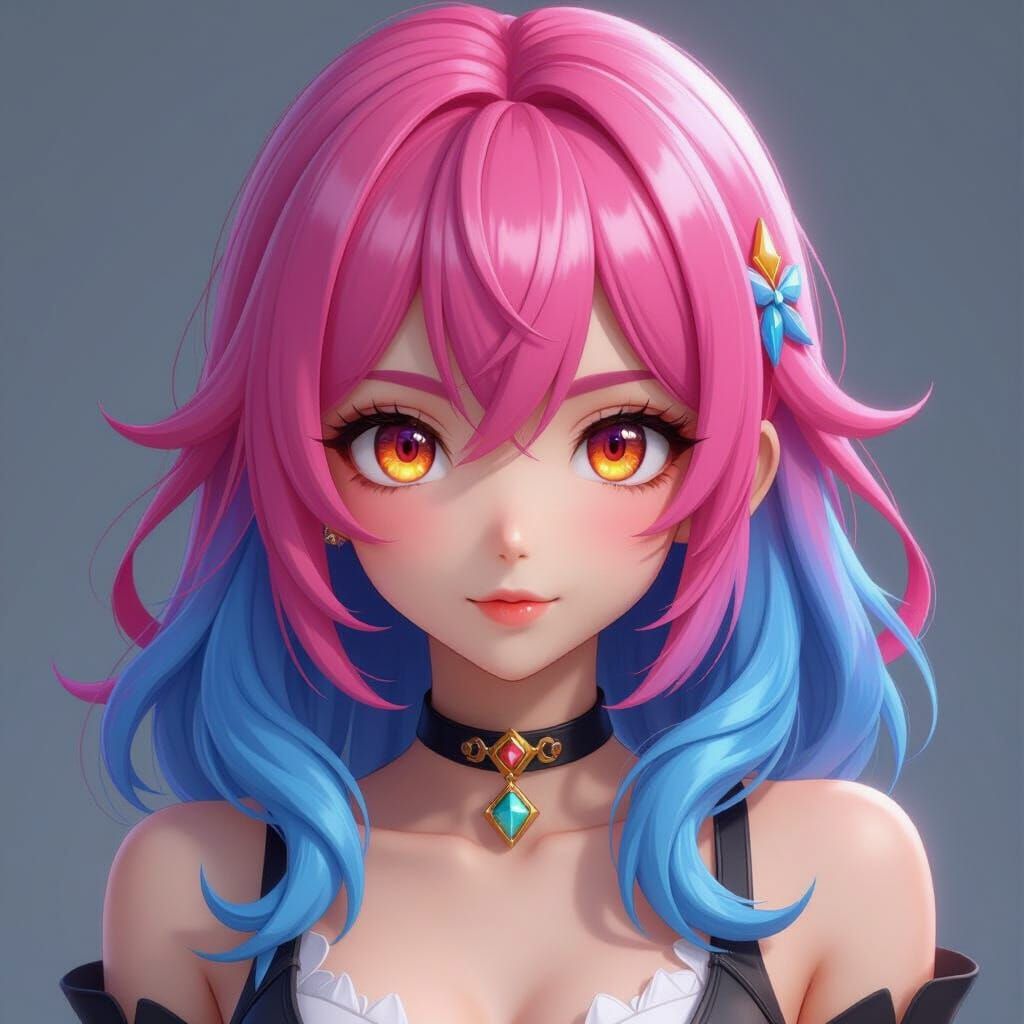 Anime Girl with Pink, Blue Hair & Orange Eyes