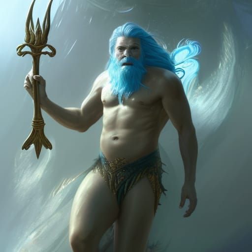 Ancient Mermaid King with Golden Trident, Hyperdetailed Art