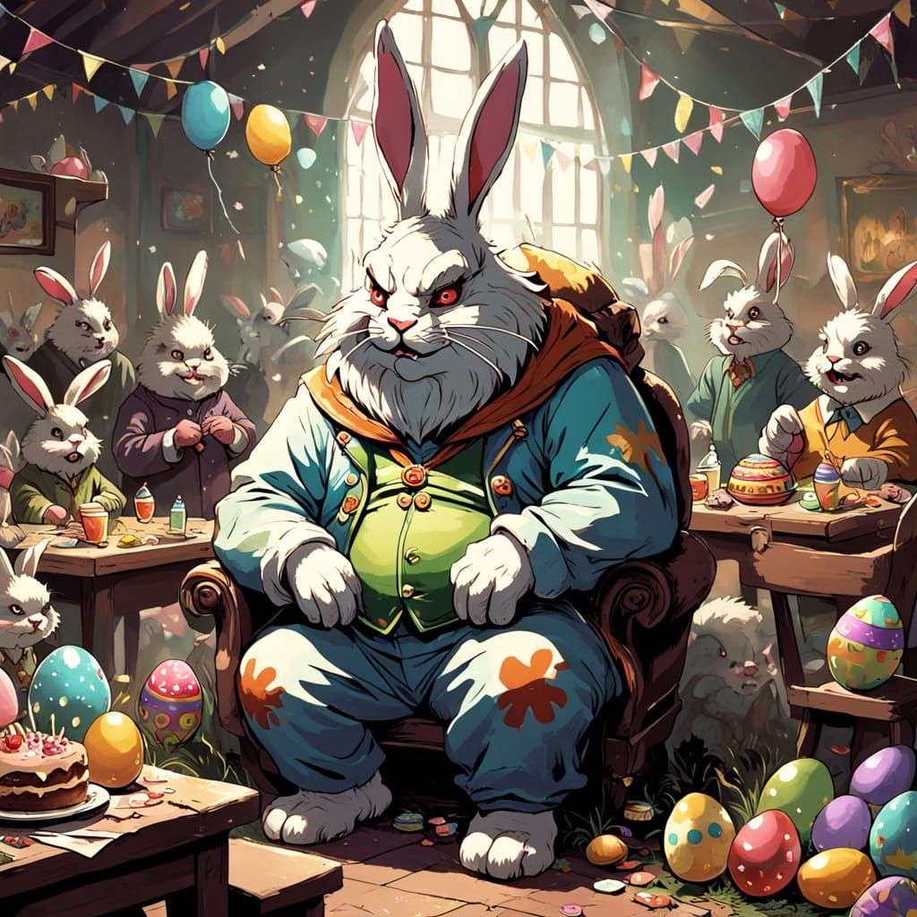 Monstrous Easter Bunny in a Haunted Party Scene
