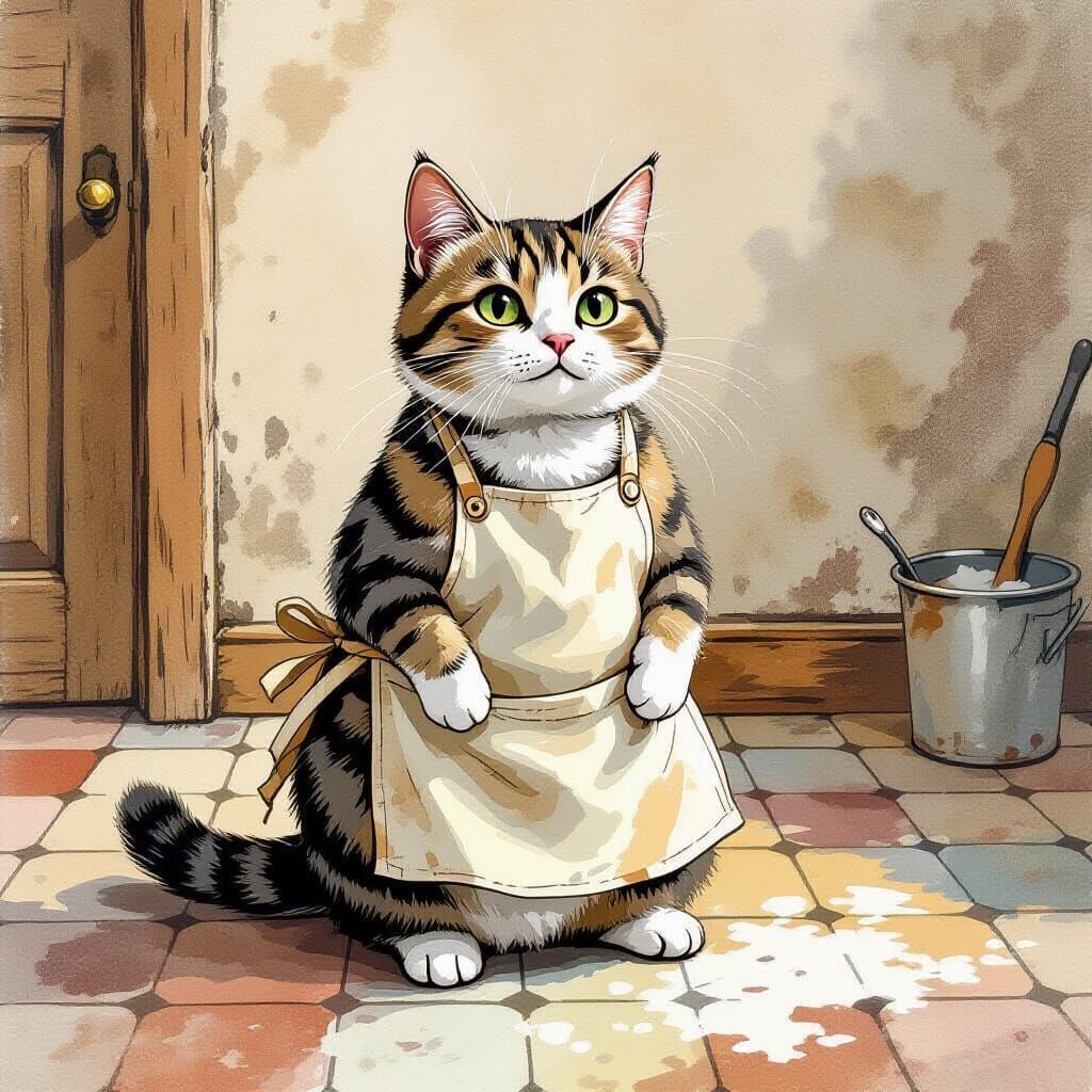 Whimsical Cat in Dirty Room, Beatrix Potter Style