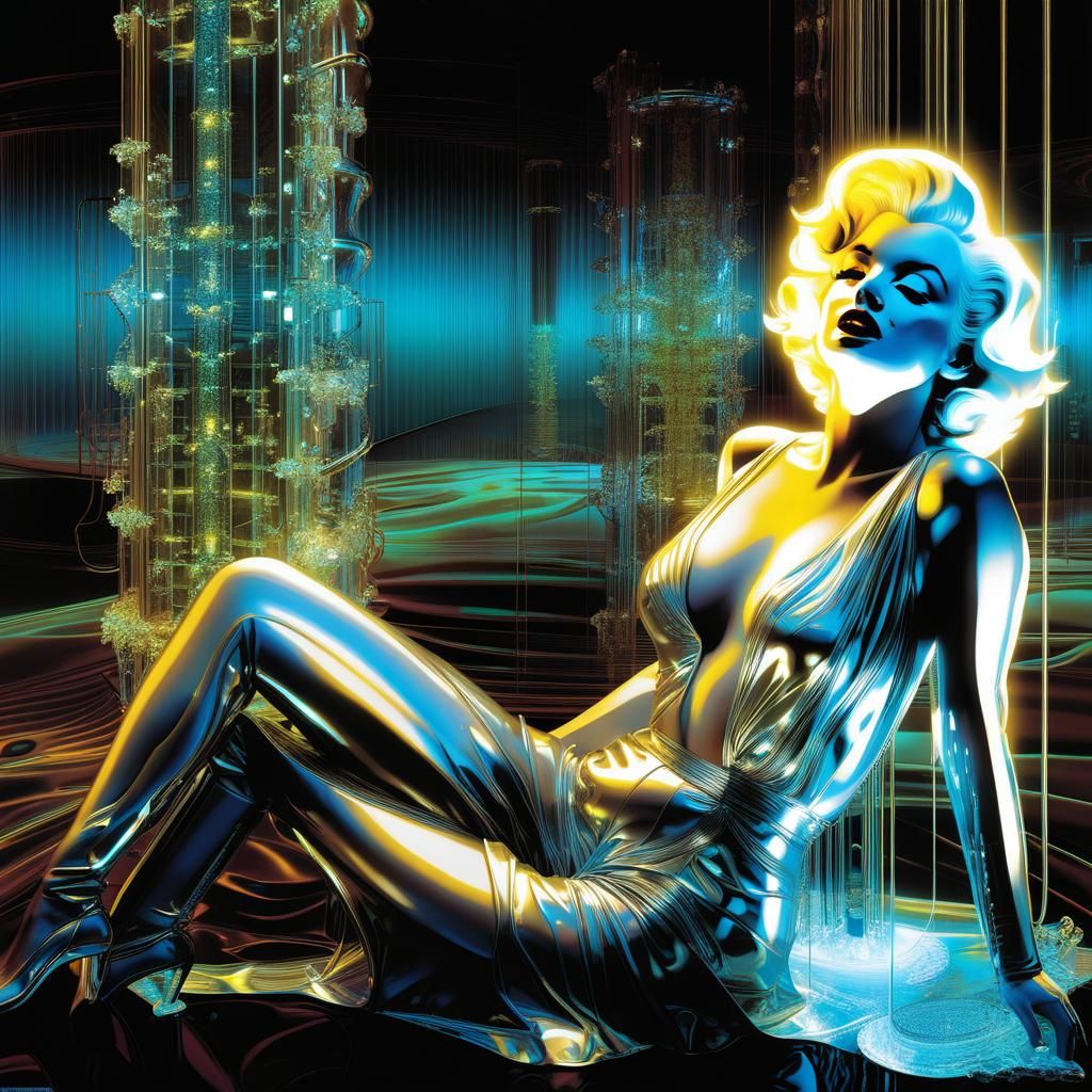 Translucent Cybernetic Woman in Bioluminescent Forest