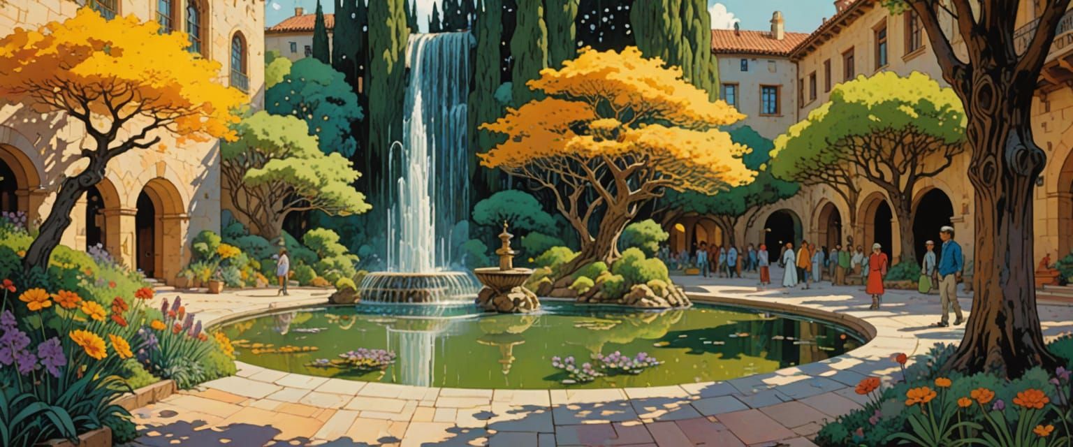 Ghibli-Inspired Courtyard Scene in Comic Book Style