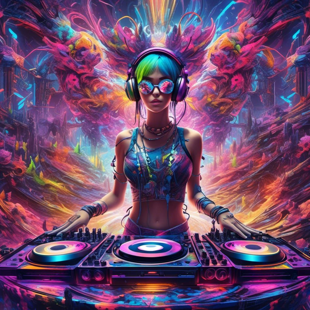 Female DJ with Spectral Colors and Graffiti Art
