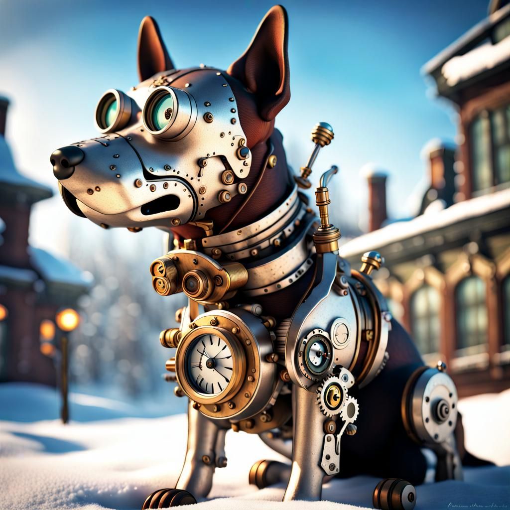 Steampunk Dog in Winter Wonderland, Trending Artstation