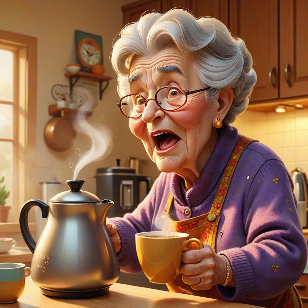 Grandmother Pours Coffee: Cartoon Art in Pixar Style