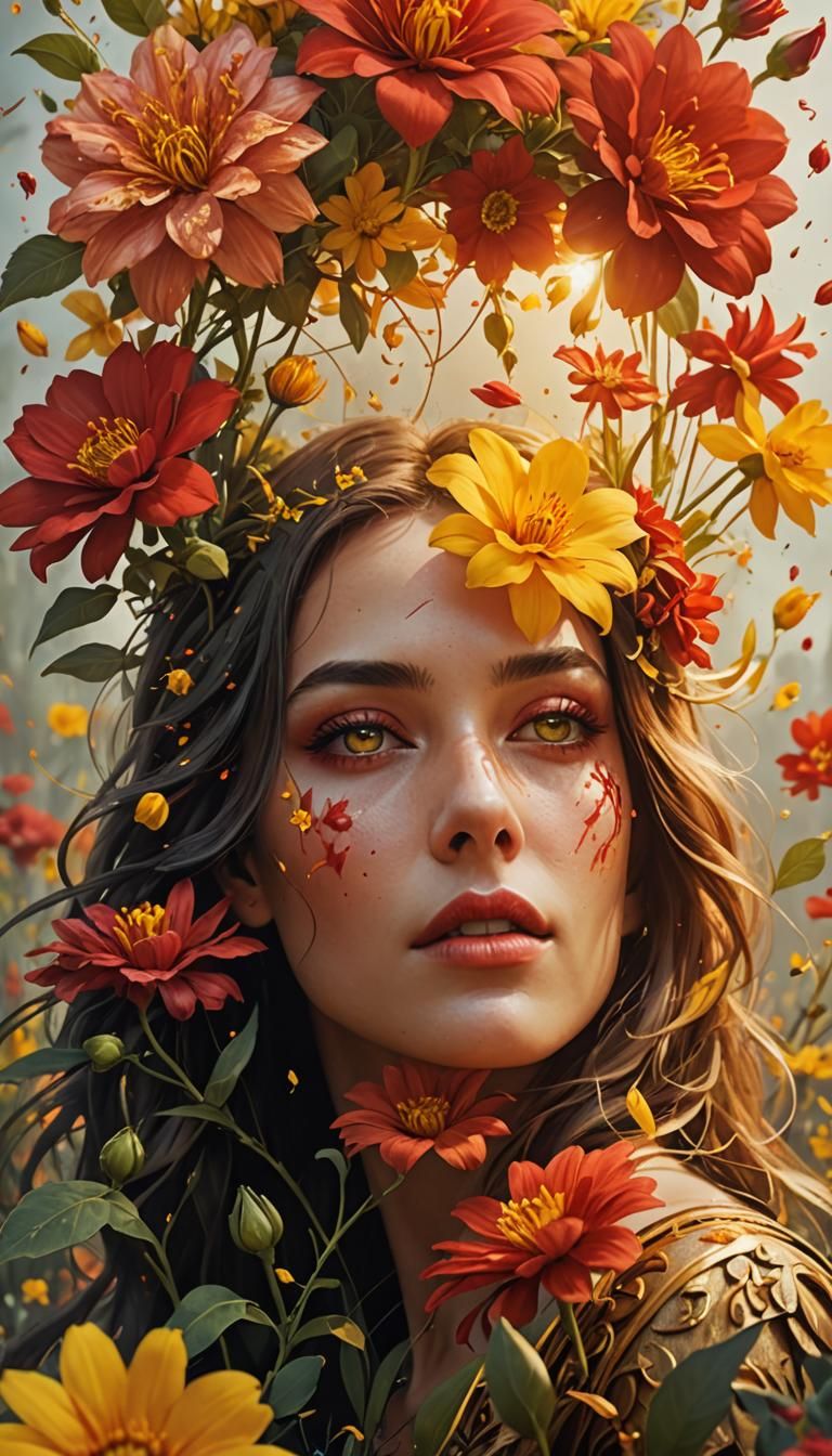 Girl's Face Among Red and Yellow Flowers