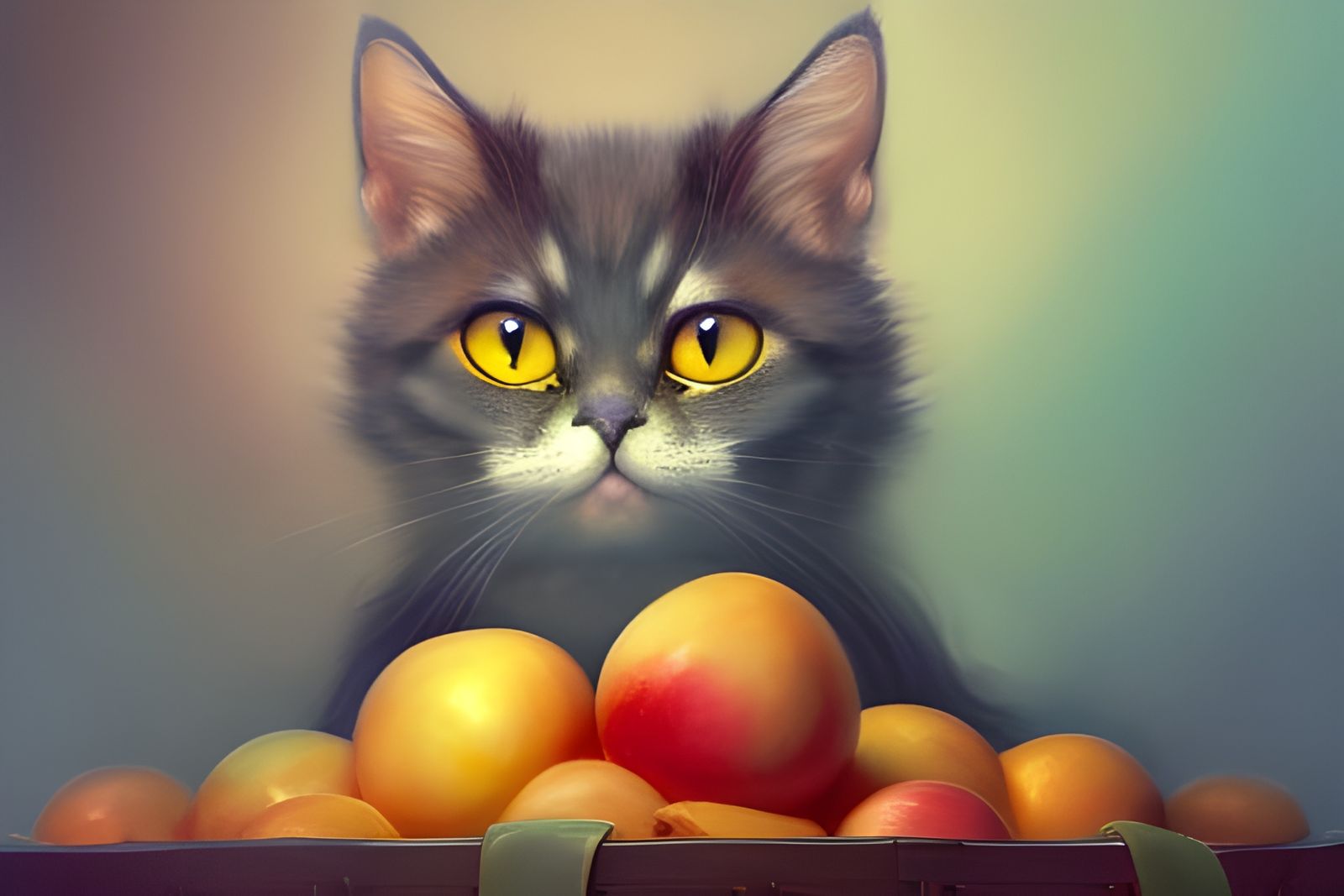 Cute Cat on Fruit Pile: Digital Art