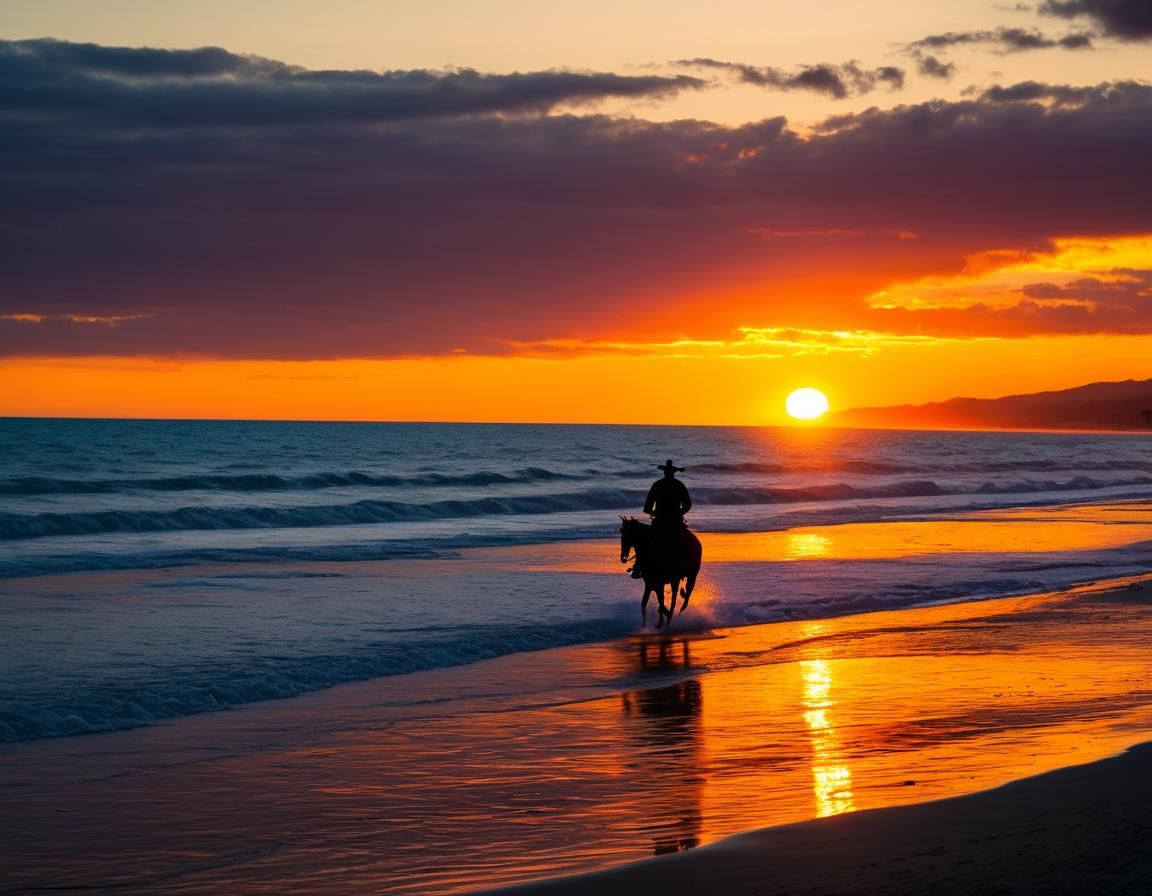 Cowboy Rides into Sunset on Beach Shoreline