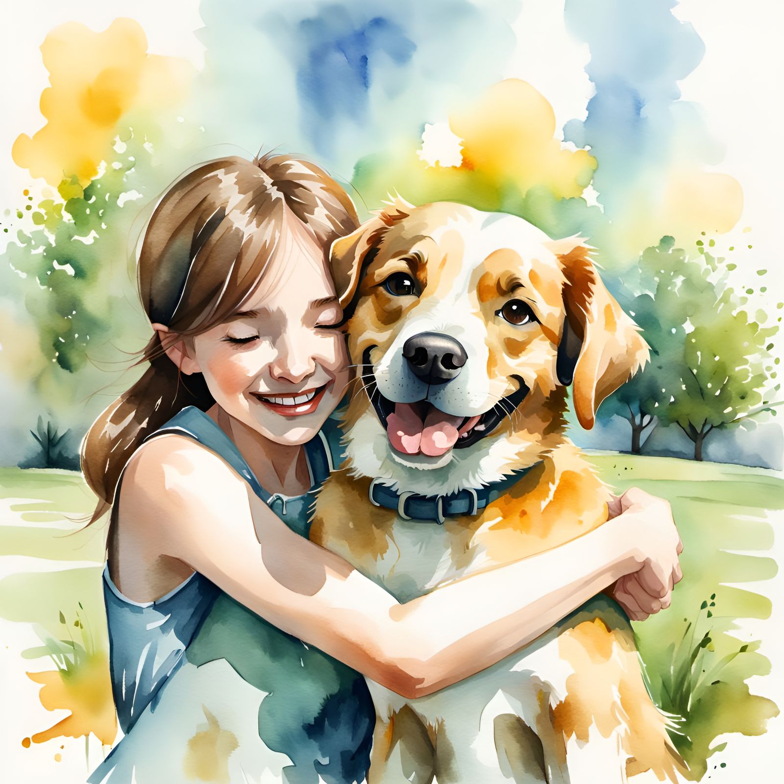 Watercolor Painting of Girl Hugging Dog