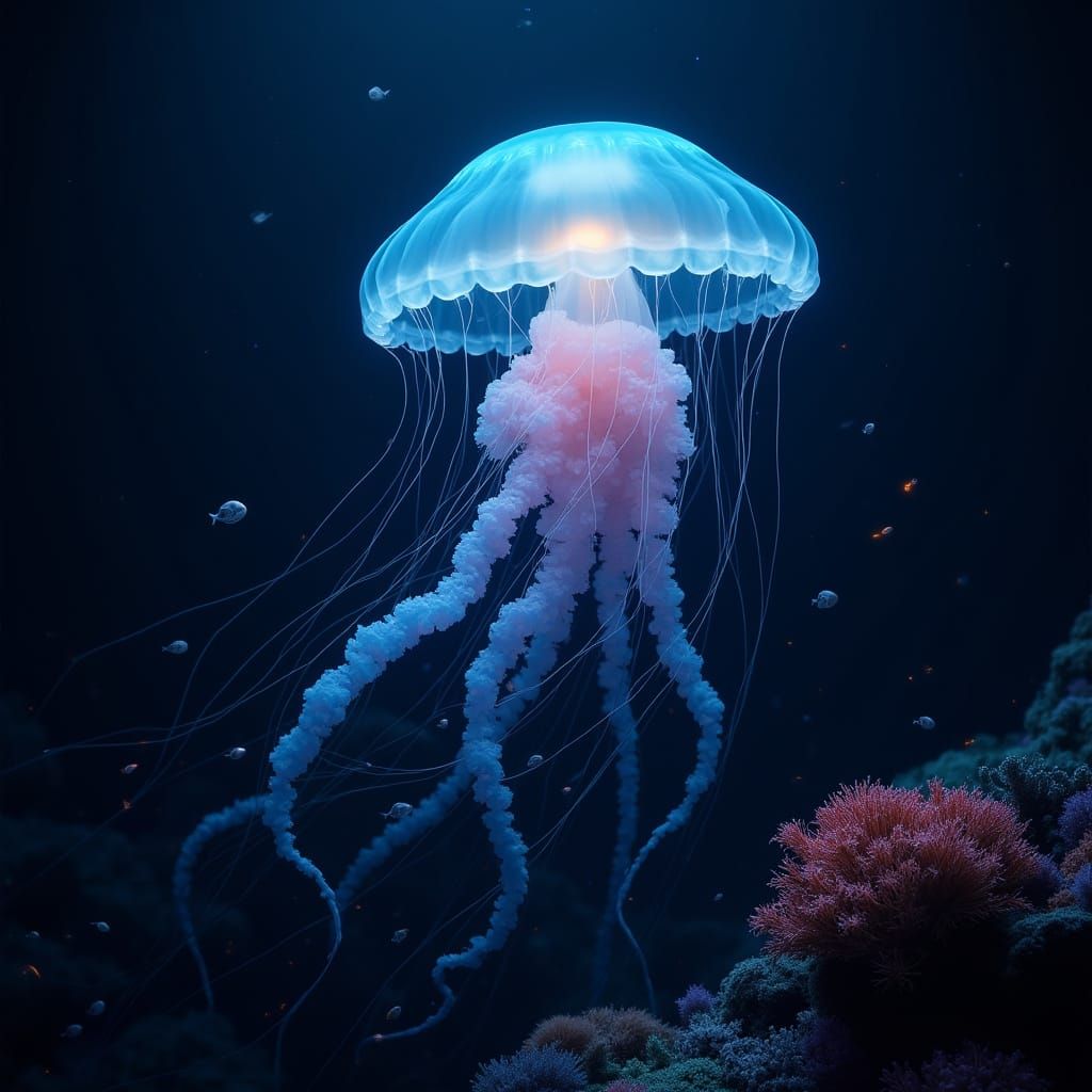 Bioluminescent Jellyfish in Deep Ocean: Surreal Dreamscape