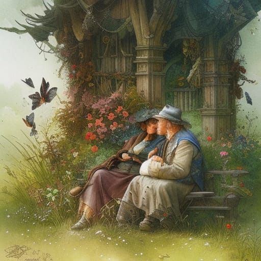 Elderly Couple's Tender Embrace in Fantasy Garden