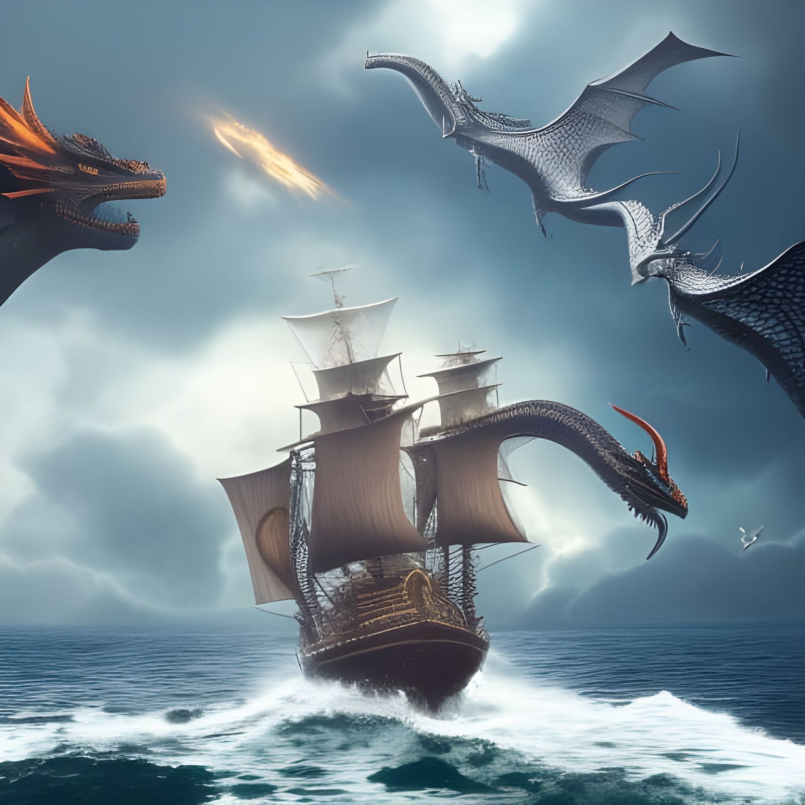 Dragons Soaring Above Ocean Sailboat, Digital Painting