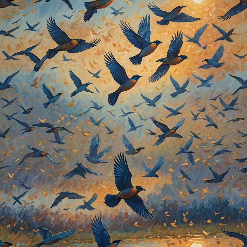 Birds Soaring Over Serene Landscape in Impressionist Style