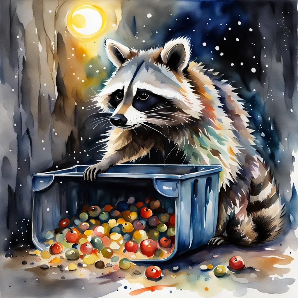 Raccoon's Night Forage: Watercolour Fantasy