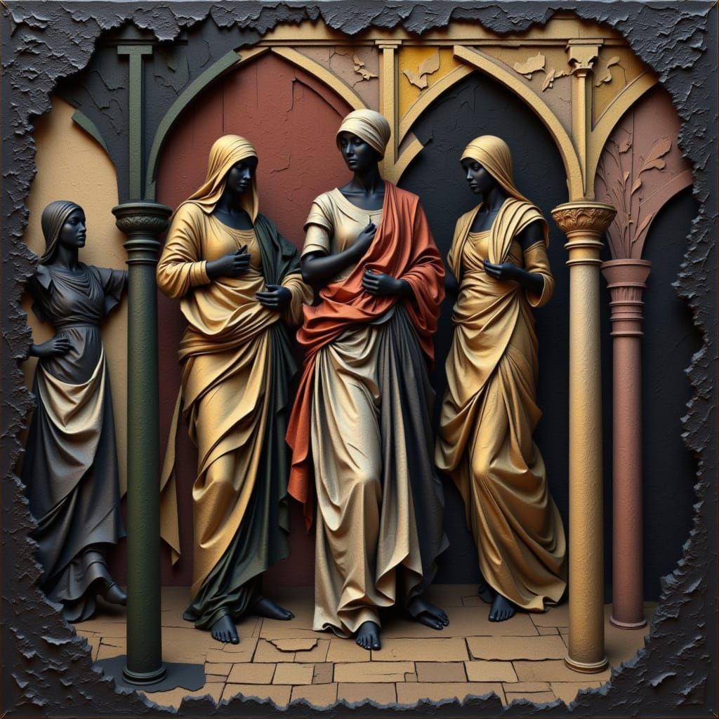Muses Under Grand Archways in Masterful Trapunto Art