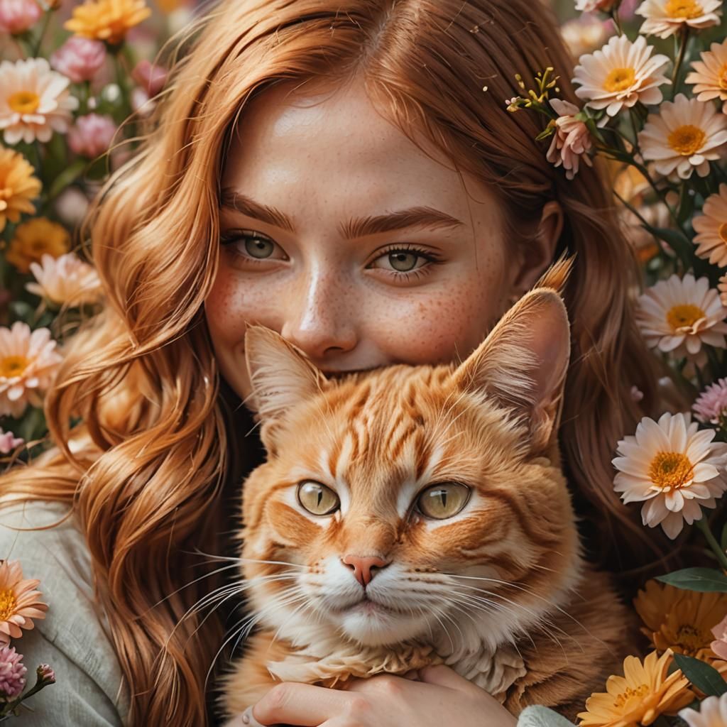 Girl with Ginger Cat: Digital Portrait in Pastel Colors