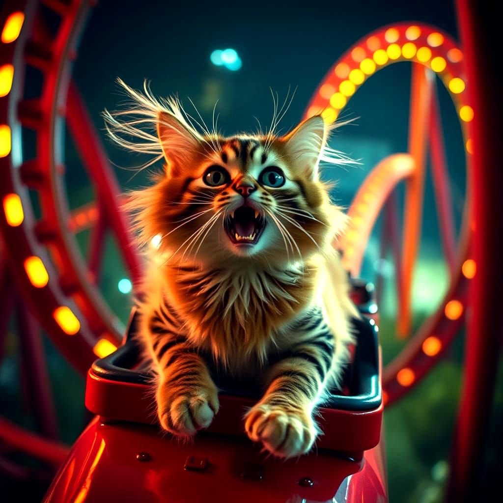 Cat on a Thrilling Rollercoaster in Cinematic Style