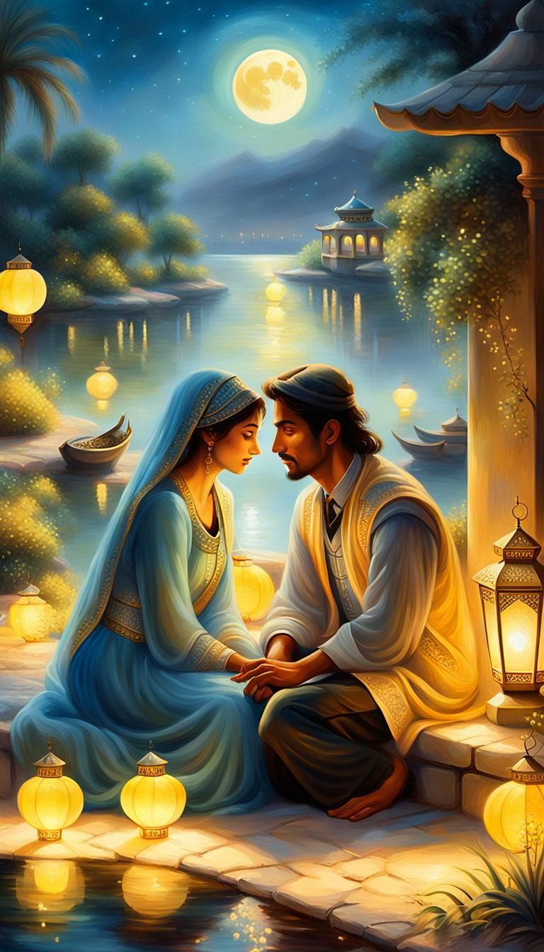 Moonlit Arabian Couple in Ethereal Fantasy Style